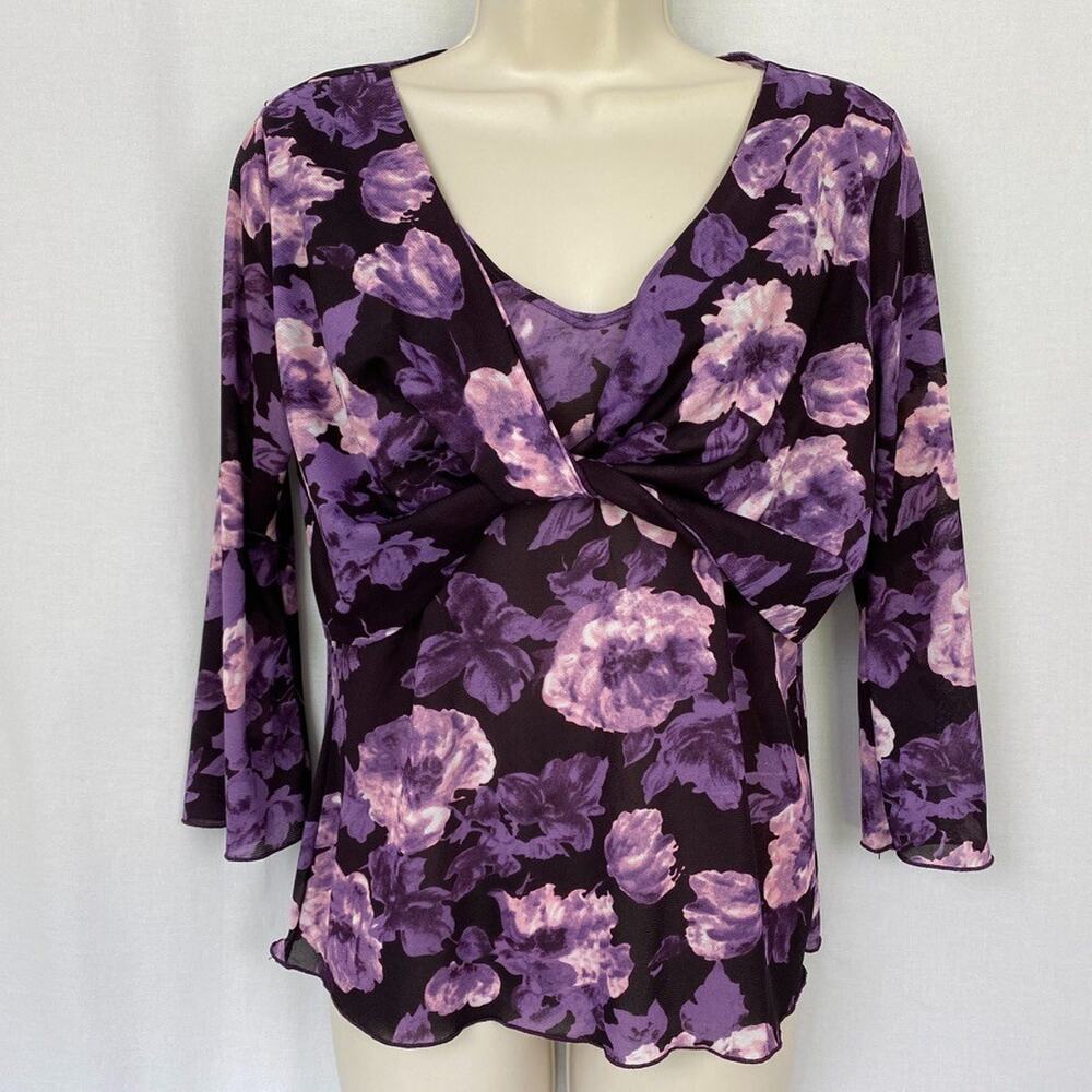 Vintage Fashion Bug Top Large Purple Dark Floral Sheer Mesh Fairy Grunge Y2K